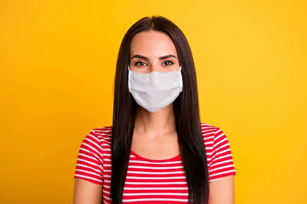 Close up photo of adorable youngster people stay home covid-19 quarantine wear medical mask fashionable clothing isolated yellow vibrant background — Stock Photo, Image