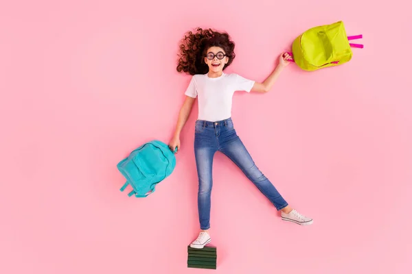 Visão superior acima de alto ângulo flat lay flatlay lie concept full length body size view of nice funny cheerful funny girl standing on pile book carrying bright bags isolated on pink pastel color background — Fotografia de Stock