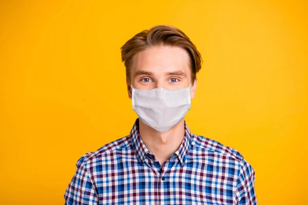 Closeup photo amazing youngster man excited new beginning online interview quarantine search job wear casual plaid shirt facial flu mask isolated yellow bright background