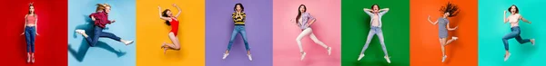 Collage av åtta charmiga glad trevlig attraktiv glänsande moderna flickor damer Millennials ungdomar har roligt gott humör flyger luft sommar tid spänning isolerade olika färger bakgrund — Stockfoto