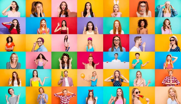 Colagem de fotos de grupo de alegre alegre animado espantado funky assustado surpreso pessoas pessoa jovens crianças tendo expressões faciais brilhantes isolado sobre fundo multicolorido — Fotografia de Stock