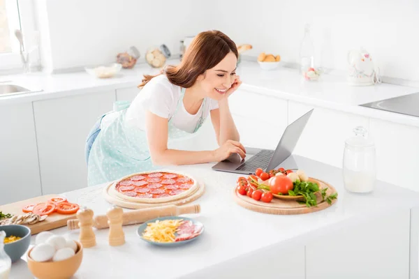 Πορτρέτο του γοητευτικό χαρούμενο κορίτσι θέλουν μάγειρας νόστιμο πίτσα χρήση φορητού υπολογιστή παρακολουθήσετε online σεμινάριο βίντεο σεφ φορούν διακεκομμένη ποδιά στο σπίτι κουζίνα — Φωτογραφία Αρχείου