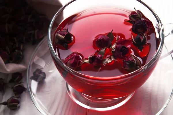 Chá Flor Hibisco Com Uma Rosa Doce Copo Vidro Com — Fotografia de Stock
