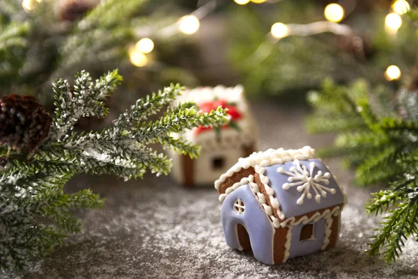 Lebkuchenhäuser Mit Blauer Und Weißer Zuckerglasur Und Zweig Des Weihnachtsbaums — Stockfoto