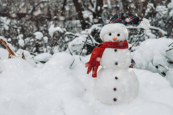 Snowman with cap and scarf in snowdrifts 