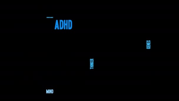 黒の背景に脳 Adhd アニメーション単語の雲 — ストック動画