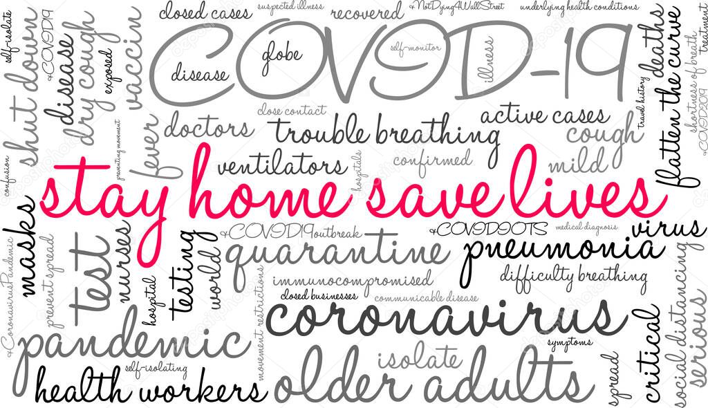 Stay Home  Save Lives word cloud on a white background. 