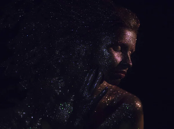 Yaratıcı makyaj evren ve cosmos Tema, kadın portre, yakın çekim, kopya alanı