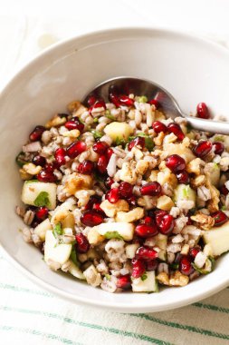 Nar tohumları ile inci arpa ve tavuk salatası