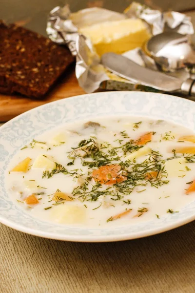 흰 접시에 치즈 스프레드 생선 수프 — 스톡 사진