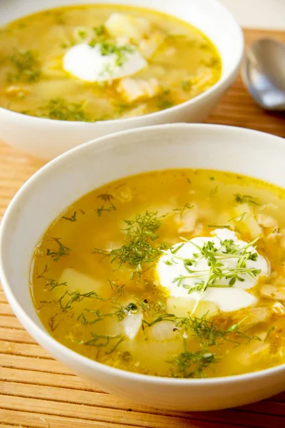 Zuppa di salmone con cipolla e uova di erbe in ciotola bianca — Foto Stock