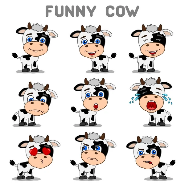 感情表現で異なるポーズの牛の魅力的な漫画のキャラクターのセット — ストックベクタ