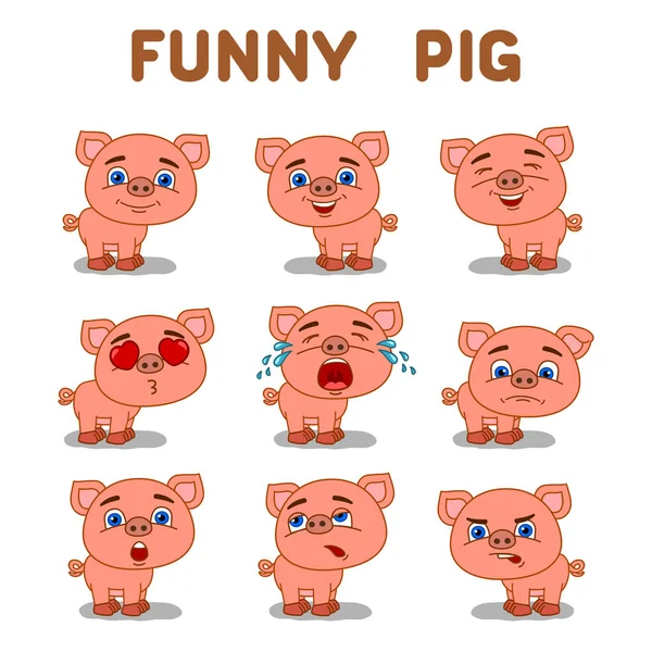 Charmante Zeichentrickfiguren Von Schweinen Verschiedenen Posen Mit Emotionalem Ausdruck — Stockvektor