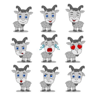 Duygularını ifade eden farklı pozlardaki keçi çizgi film karakterleri.