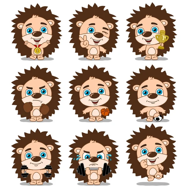 Set Charming Cartoon Characters Sporty Hedgehogs Different Sport Equipment — Stock Vector