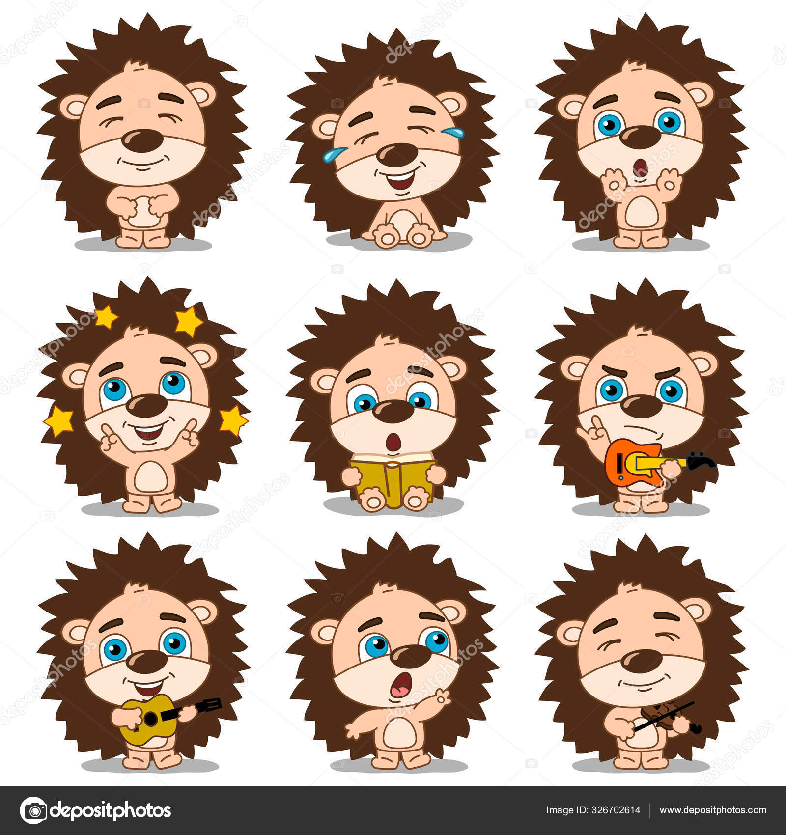 Set Charming Cartoon Characters Hedgehogs Musical Instruments Stock