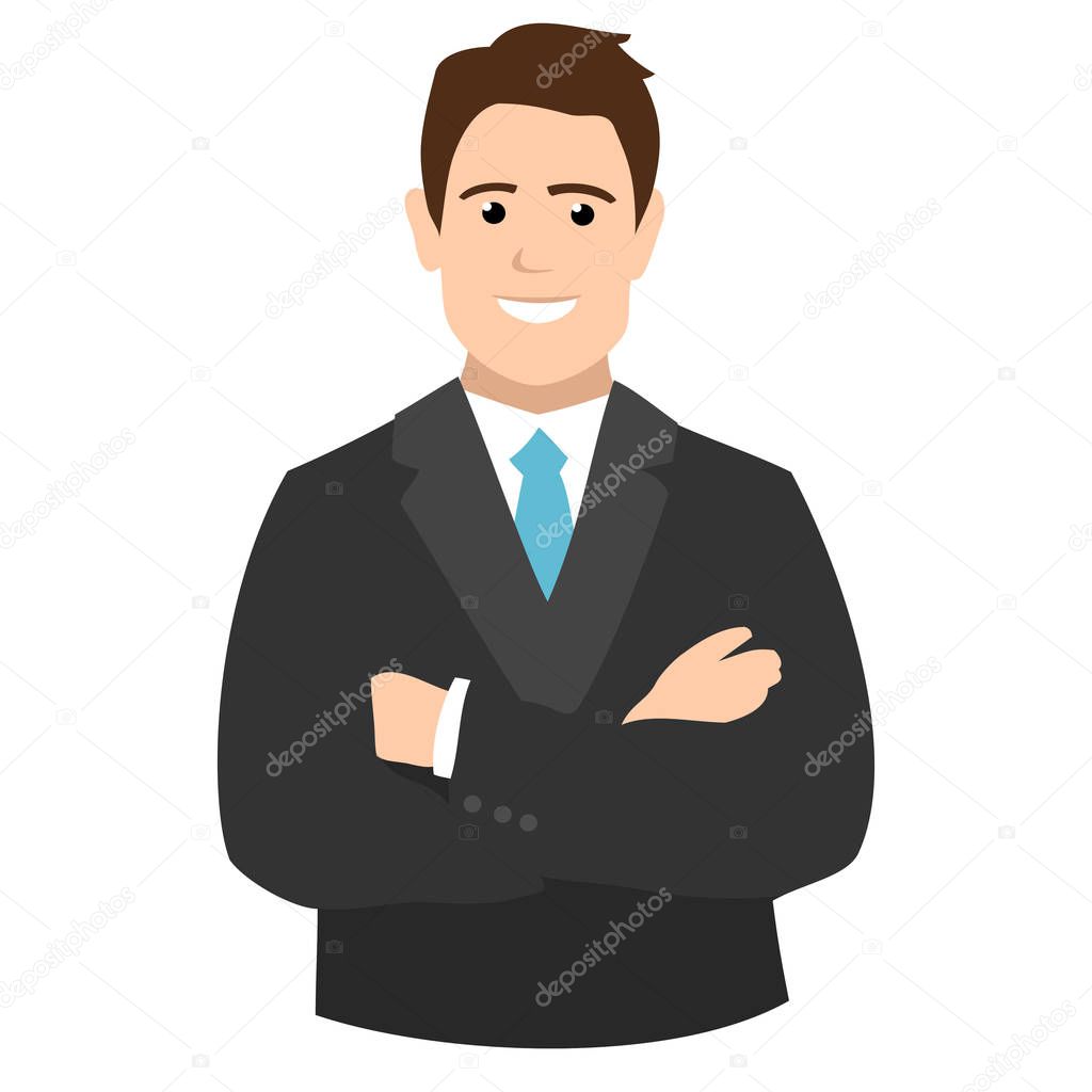 cartoon character of businessman in suit smiling with arms folded isolated on white background