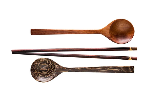 木制筷子和勺子孤立在白色背景上 — 图库照片