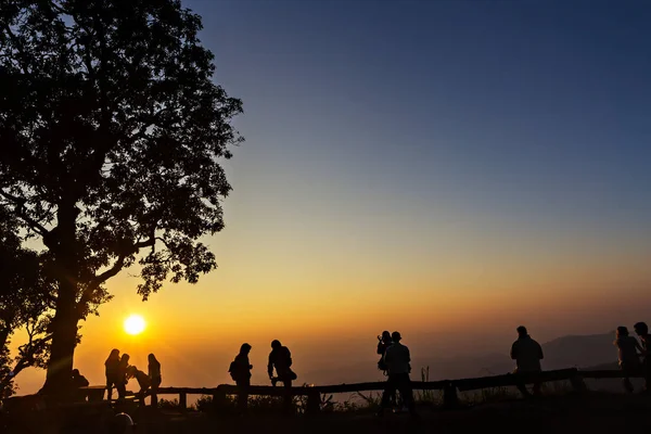 Kansat ja puut siluetoituna upealla auringonlaskulla — kuvapankkivalokuva