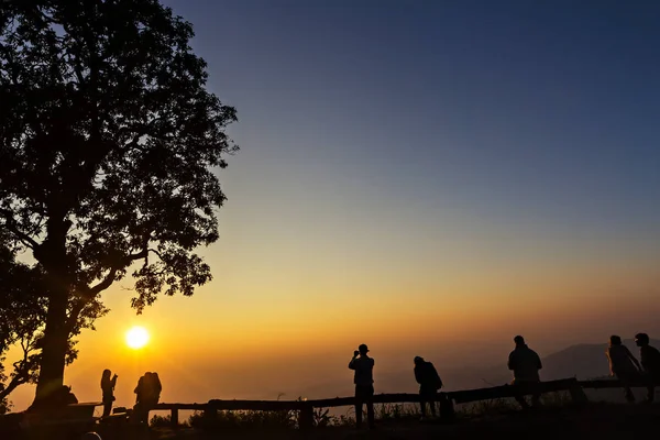 Peoples and trees silhouetted with stunning sunset — Stock Photo, Image