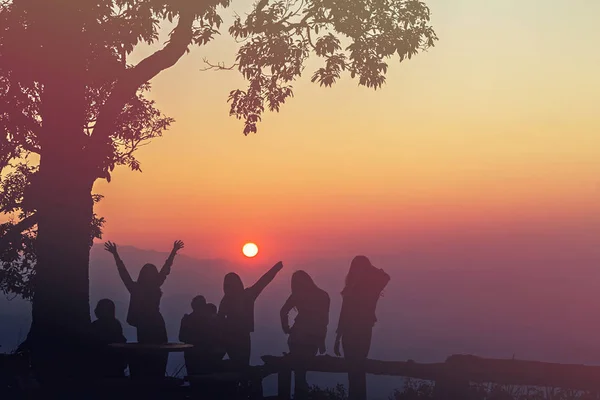 Folk hadde en lykkelig bevegelse, silhuett med strålende solnedgang. – stockfoto