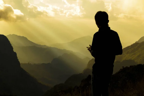 Silhouette Man Top Mountain Success Motivated Concept — Stock Photo, Image