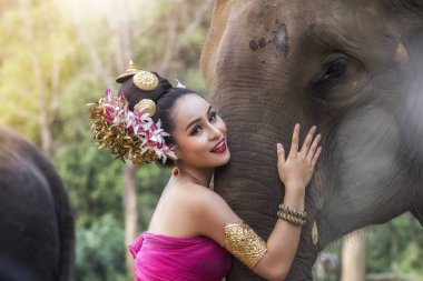 Geleneksel Taylandlı, filli güzel bir kız.