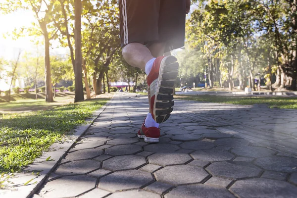 Young fitness man runner running on road in park. Running for lose weight and good health