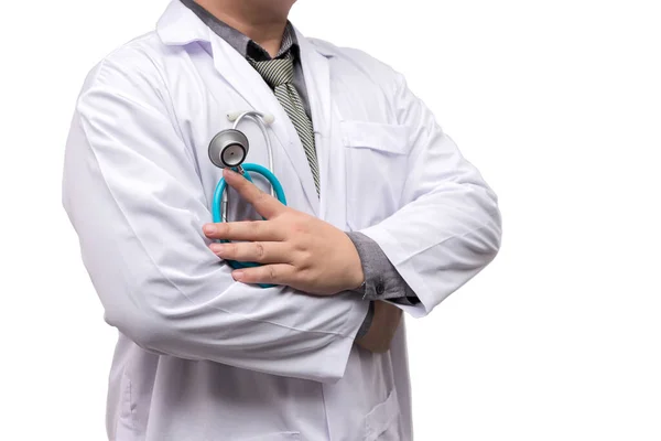 Doctor Standing Arms Crossed Stethoscope Isolated White Background — Stockfoto