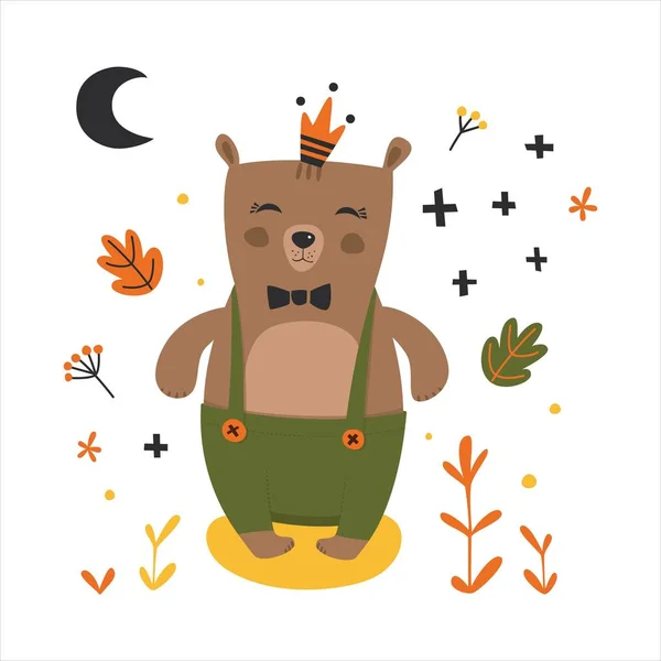 Hippi Prens Ayı 'nın düz bir tacı var. Çocuk / bebek tekstil, kart, ambalaj, arka plan, duvar kağıdı. Düz stil. Çocuklar için çizgi filmler.