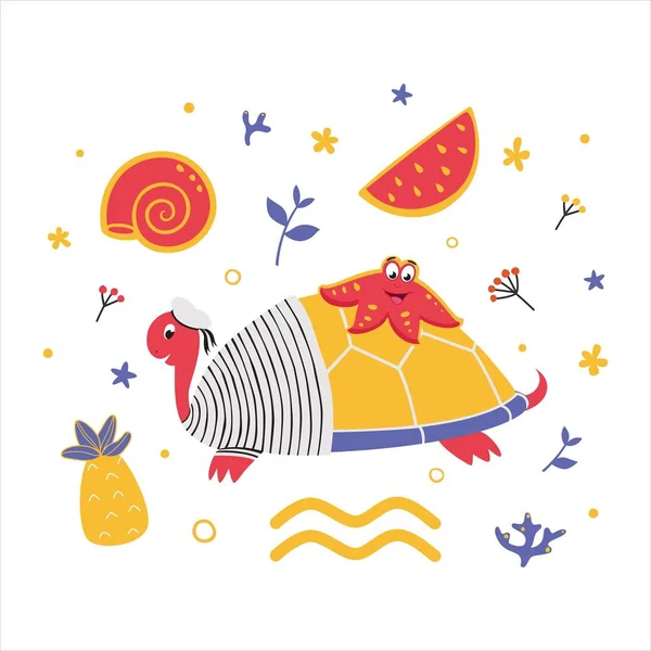 Deniz cisimlerinin seti. Düz stili deniz yıldızı olan deniz kaplumbağası. Çocuk / bebek tekstil, kart, ambalaj, arka plan, duvar kağıdı. Düz stil. Çocuklar için çizgi filmler.