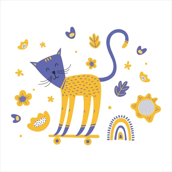 Yaz / sonbahar kedisi kaykaya biniyor. Çocuk / bebek tekstil, kart, ambalaj, arka plan, duvar kağıdı. Düz stil. Çocuklar için çizgi filmler.