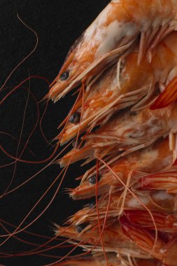 Siyah arka plan üzerine karides. Lezzetli deniz ürünleri meze haşlama veya ızgara baharatlar ile servis. Yakın çekim. Üstten Görünüm