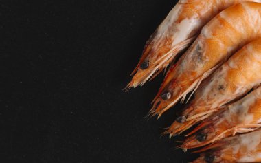 Siyah arka plan üzerine karides. Lezzetli deniz ürünleri meze haşlama veya ızgara baharatlar ile servis. Yakın çekim. Üstten Görünüm