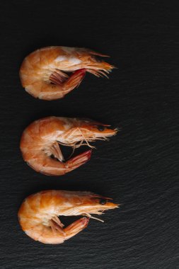 Siyah arka plan üzerine karides. Lezzetli deniz ürünleri meze haşlama veya ızgara baharatlar ile servis. Yakın çekim. Üstten Görünüm