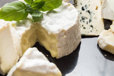 Tablo arka plan üzerinde çeşitli peynir. Çeşitli sıralar için iştah açıcı, gurme, lezzetli aperatifler. Öğle ve akşam yemekleri closeup şarap için geleneksel Fransız yemeği. Camembert, Roquefort