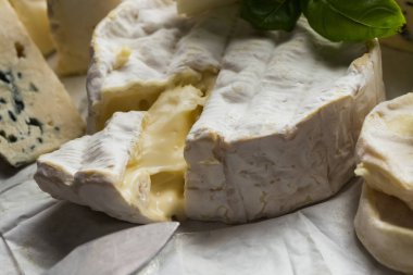 Tablo arka plan üzerinde çeşitli peynir. Çeşitli sıralar için iştah açıcı, gurme, lezzetli aperatifler. Öğle ve akşam yemekleri closeup şarap için geleneksel Fransız yemeği. Camembert, Roquefort