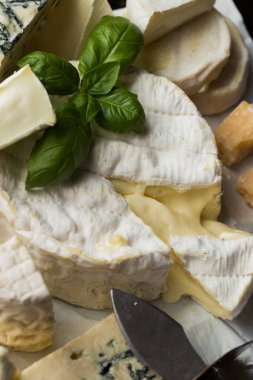 Tablo arka plan üzerinde çeşitli peynir. Çeşitli sıralar için iştah açıcı, gurme, lezzetli aperatifler. Öğle ve akşam yemekleri closeup şarap için geleneksel Fransız yemeği. Camembert, Roquefort