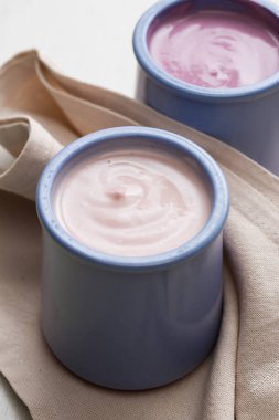 Ahşap ligth zemin üzerine seramik kase yoğurt ürün yelpazesine sahip. Doğal ve sağlıklı meyve, diyet, gurme tatlı granola kahvaltı için. Tatlı yoğurt portre