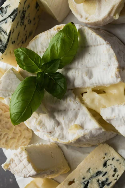 Tablo arka plan üzerinde çeşitli peynir. Çeşitli sıralar için iştah açıcı, gurme, lezzetli aperatifler. Öğle ve akşam yemekleri closeup şarap için geleneksel Fransız yemeği. Camembert, Roquefort