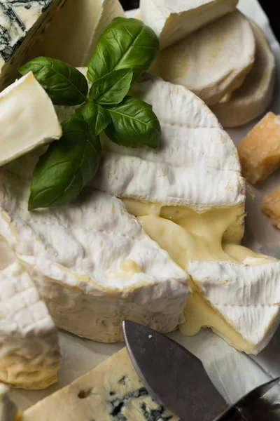 Tablo arka plan üzerinde çeşitli peynir. Çeşitli sıralar için iştah açıcı, gurme, lezzetli aperatifler. Öğle ve akşam yemekleri closeup şarap için geleneksel Fransız yemeği. Camembert, Roquefort