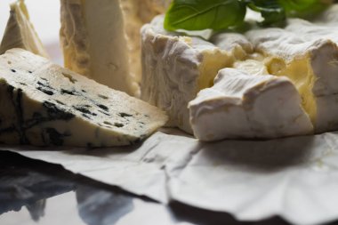 Tablo arka plan üzerinde çeşitli peynir. Çeşitli sıralar için iştah açıcı, gurme, lezzetli aperatifler. Öğle ve akşam yemekleri closeup şarap için geleneksel Fransız yemeği. Camembert, Roquefort