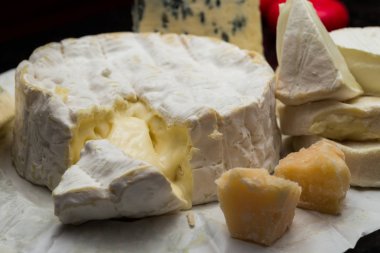 Tablo arka plan üzerinde çeşitli peynir. Çeşitli sıralar için iştah açıcı, gurme, lezzetli aperatifler. Öğle ve akşam yemekleri closeup şarap için geleneksel Fransız yemeği. Camembert, Roquefort