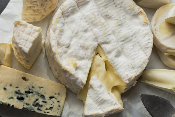 Tablo arka plan üzerinde çeşitli peynir. Çeşitli sıralar için iştah açıcı, gurme, lezzetli aperatifler. Öğle ve akşam yemekleri closeup şarap için geleneksel Fransız yemeği. Camembert, Roquefort