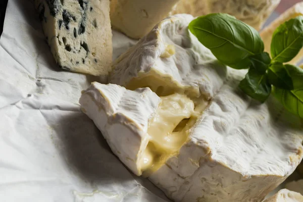 Tablo arka plan üzerinde çeşitli peynir. Çeşitli sıralar için iştah açıcı, gurme, lezzetli aperatifler. Öğle ve akşam yemekleri closeup şarap için geleneksel Fransız yemeği. Camembert, Roquefort