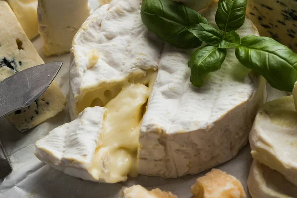 Tablo arka plan üzerinde çeşitli peynir. Çeşitli sıralar için iştah açıcı, gurme, lezzetli aperatifler. Öğle ve akşam yemekleri closeup şarap için geleneksel Fransız yemeği. Camembert, Roquefort