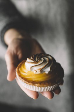 Limon pasta kadın elinde. Geleneksel Fransız tatlı pasta tart. Lezzetli, iştah açıcı, ev yapımı tatlı limon kremalı. Alan, closeup kopyalayın. Seçici odak. Tonda