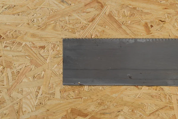 Ferramentas definidas no painel osb com espaço de cópia. Carpinteiro local de trabalho em fundo de madeira. Vista superior — Fotografia de Stock