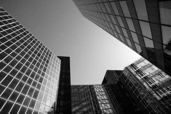Skyscrapers in Paris business district La Defense. Cityscape with glass facades of modern buildings on a sunny day. Urban architecture, city life. Economy, financial activity concept. Black and white.