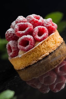 Ahududulu tart tatlı koyu arka plan üzerinde. Geleneksel Fransız tatlı pasta. Lezzetli, iştah açıcı, ev yapımı Pasta krema, taze meyveler ve meyve ile. Alan, closeup kopyalayın. Seçici odak